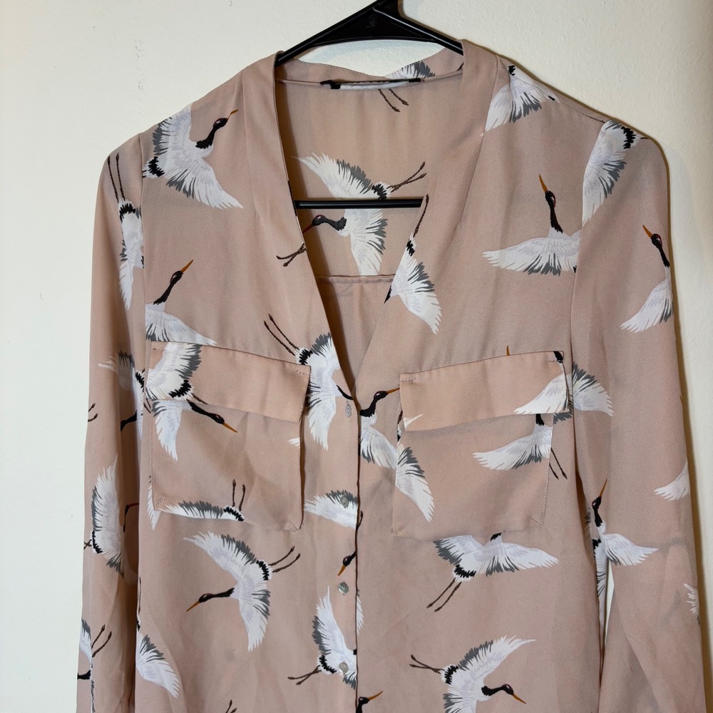 Zara Basic Pink Crane Print Button Down Shirt Blo… - image 2